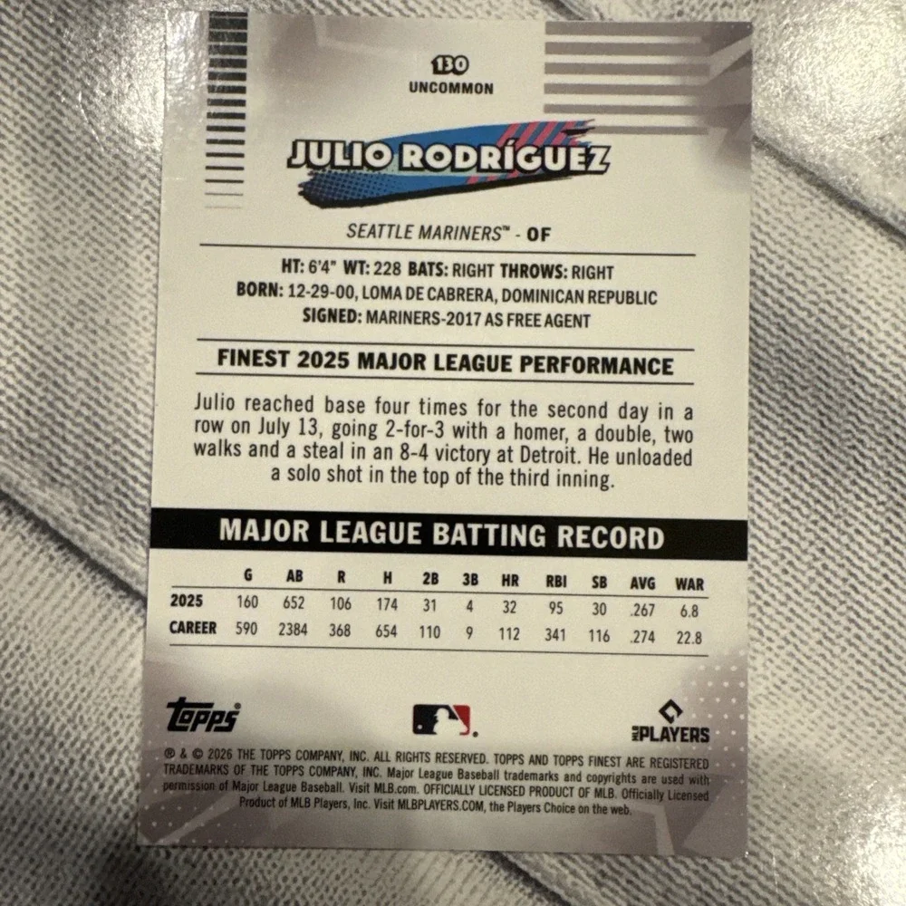 2026 Topps Finest Julio Rodriguez #130 Uncommon Seattle Mariners Baseball Card